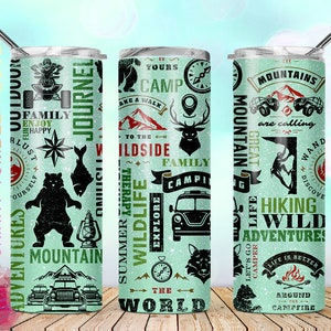 20oz Skinny Tumbler Camping Adventures Outdoor Mountain Wildlife Sublimation Design Templates, Straight/Warped PNG File Digital Download