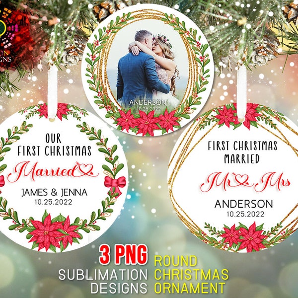 First Christmas Married Ornament PNG Sublimation Template, 1st Married Wedding, Newlywed Gift Mr & Mrs Ornament Png Designs Digital Download