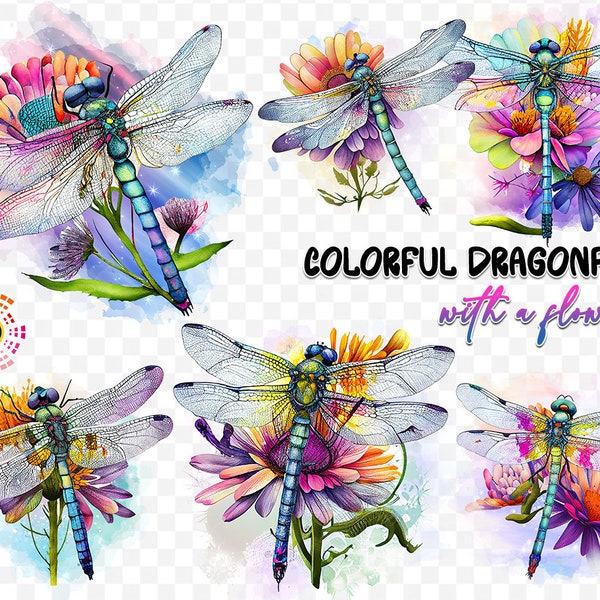 Colorful Dragonfly with Flowers Clipart Transparent Background Bundle. Bright Galaxy and Glitter, Isolated PNG Transparency Instant Download