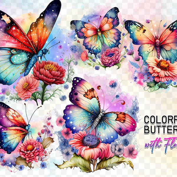 Colorful Butterfly with Florals Clipart PNG Transparent Background Bundle, Fantasy Butterfly with Bright galaxy and Glitter texture PNG Art