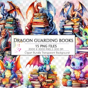 Aquarell Drachen bewachen Stapel Bücher Clipart, Drachen Bücher PNG transparente Designs, niedliche Drachen Bücher, Fantasy Wächter Drache Clipart