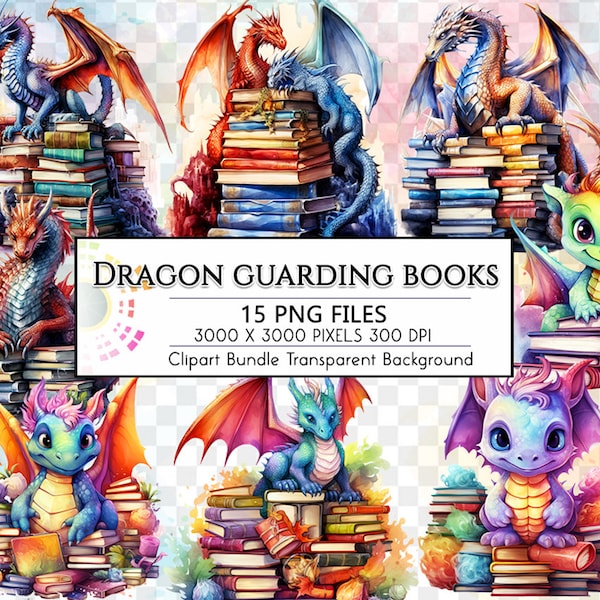 Watercolor Dragon Guarding Stack of books Clipart, Dragon Books PNG Transparent Designs, Cute Dragon Books, fantasy Guardian Dragon Clipart