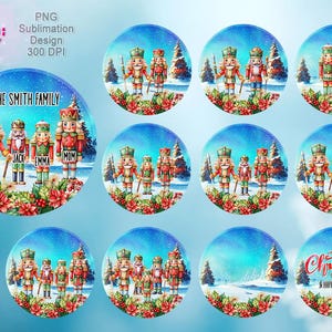 May include: Circular Christmas decorations depicting nutcracker families in a winter landscape. The ornaments have a blue backdrop with falling snow, fir trees, and red poinsettias. One ornament displays the text "The Smith Family" and family member names.