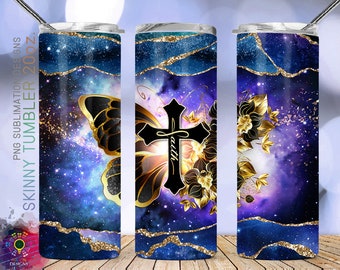 20oz Skinny Tumbler Faith Cross Gold Flower Butterfly Galaxy Agate PNG Sublimation Designs, Christian Tumbler Png Download Straight/Tapered