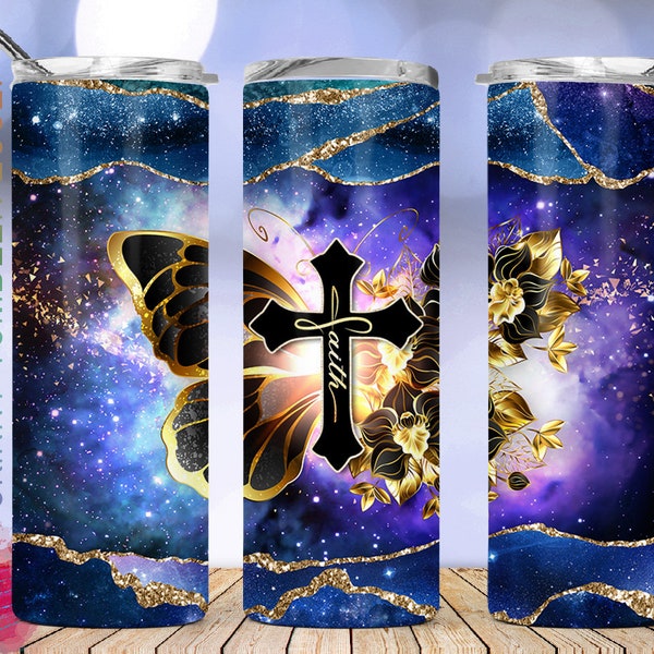 20oz Skinny Tumbler Faith Cross Gold Flower Butterfly Galaxy Agate PNG Sublimation Designs, Christian Tumbler Png Download Straight/Tapered