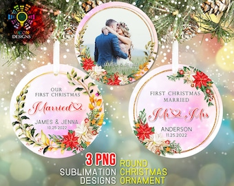 First Christmas Married Ornament PNG Sublimation Template, Just Married Wedding Newlywed Gift Mr & Mrs Ornament Png Designs Digital Download