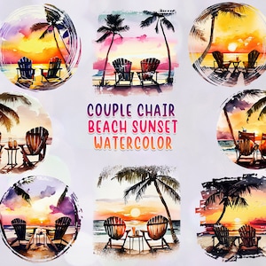 Couple Chairs at Beach Sunset Watercolor Collection PNG Sublimation Designs, Tropical Sunsets Clipart, Beach Life Landscape Digital Graphics