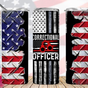 20oz Skinny Tumbler Silver Line Correctional Officer American Flag PNG Sublimation Designs, USA Flag Metal Tumbler Wrap Png Instant Download