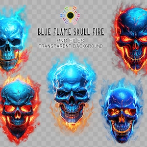 May include: Five blue and orange flame skull graphics with a transparent background. The skulls are all facing forward and have a menacing expression. The flames are blue and orange and are swirling around the skulls.