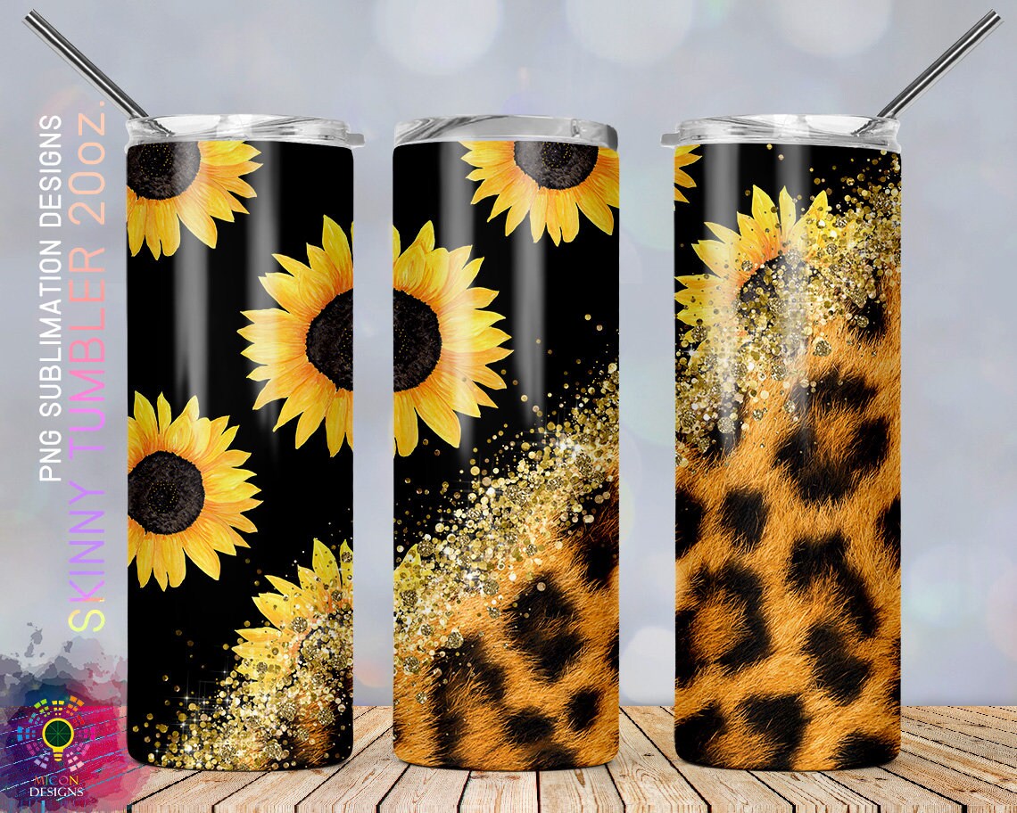 20oz Skinny Tumbler Leopard Sunflower Gold Glitter Sublimation Design, Cheetah Sunflower Tumbler Straight/Warped PNG File Digital Download