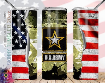 May include: A skinny tumbler featuring a distressed American flag design and a U.S. Army logo. The tumbler is made of stainless steel and has a green and brown camouflage pattern.