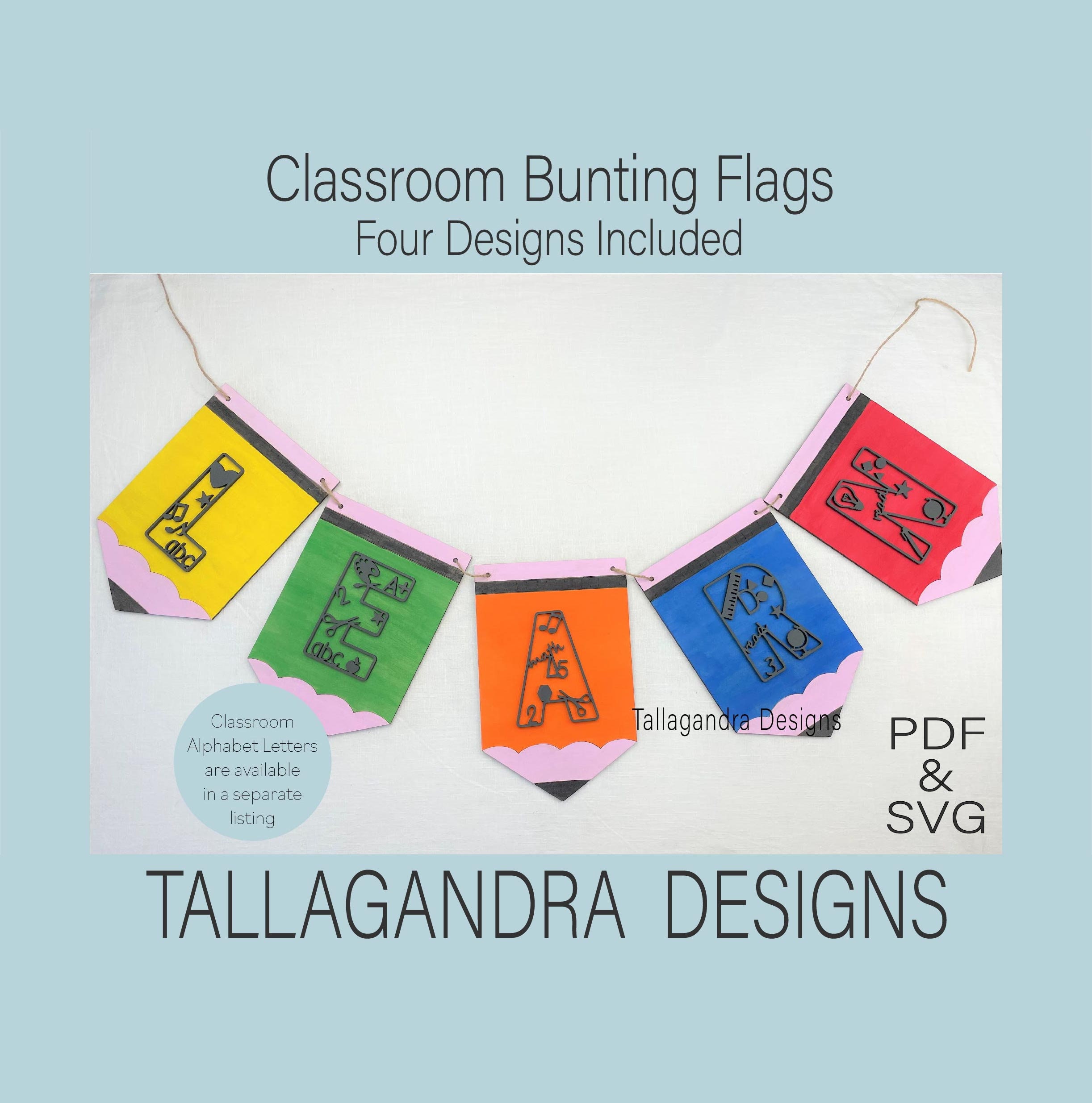 CLASSROOM BUNTING - Set of 4 flag styles - Pencil / Paper / Apple / Ruler  - SVG File