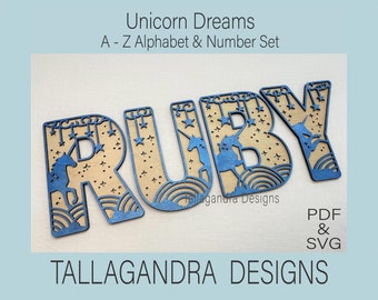 UNICORN DREAMS -26 alphabet letters A-Z and Numbers 0-9 (plus &) / SVG Files | laser wall letters | girls room svg