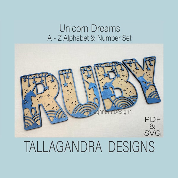 UNICORN DREAMS -26 alphabet letters A-Z and Numbers 0-9 (plus &) / SVG Files | laser wall letters | girls room svg