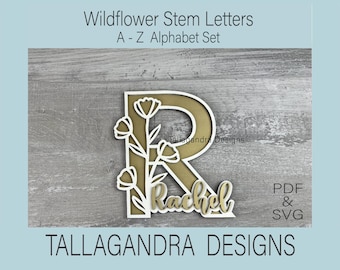 WILDFLOWER STEM Alphabet Set / 2 capas - 26 letras florales completas / archivo SVG
