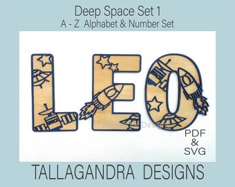 DEEP SPACE Set 1: volledige 26 alfabetletters A-Z en cijfers 0-9 / SVG-bestanden