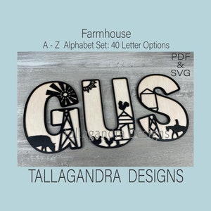 FARMHOUSE - Conjunto de alfabeto completo con 40 opciones de letras / Archivo SVG / Signo de granja / Tractor y animales de granja / Letras de pared de casa de campo láser