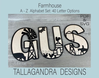 FARMHOUSE - 40 文字オプション付きのフルアルファベットセット / SVG ファイル | 農場の看板 | トラクターと農場の動物 | レーザーカントリーホームの壁文字