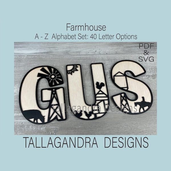 FARMHOUSE - Alphabet complet avec 40 options de lettre / Fichier SVG | Panneau de ferme | Tracteur et animaux de la ferme | Lettres murales laser country home