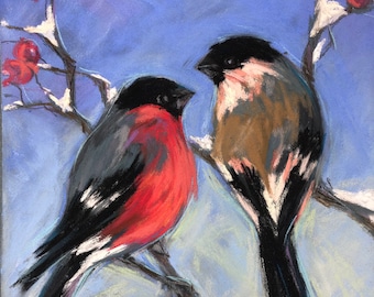 Christmas Card: Print from Original Pastel Painting of Bullfinches in snow