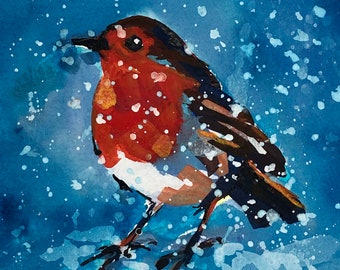 Festive Robin Christmas Card, Christmas Robin Card, Print of Original Watercolour Christmas Card, Christmas Card, Cheerful Christmas Card