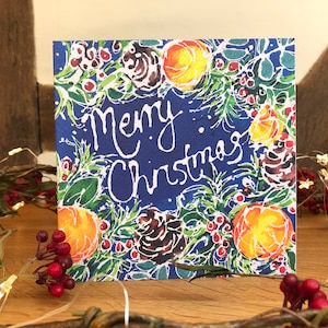 Biglietto di Natale con stampa artistica originale, ghirlanda di Natale, biglietto di Natale d'arte originale allegro, biglietto di Natale artistico, biglietto festivo, biglietto di buon Natale