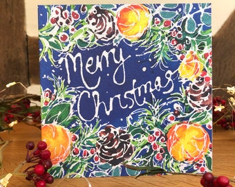 Original Art Print Christmas Card, Christmas Wreath, Cheerful Original Art Christmas Card, Art Christmas Card, Festive Card, Happy Xmas card