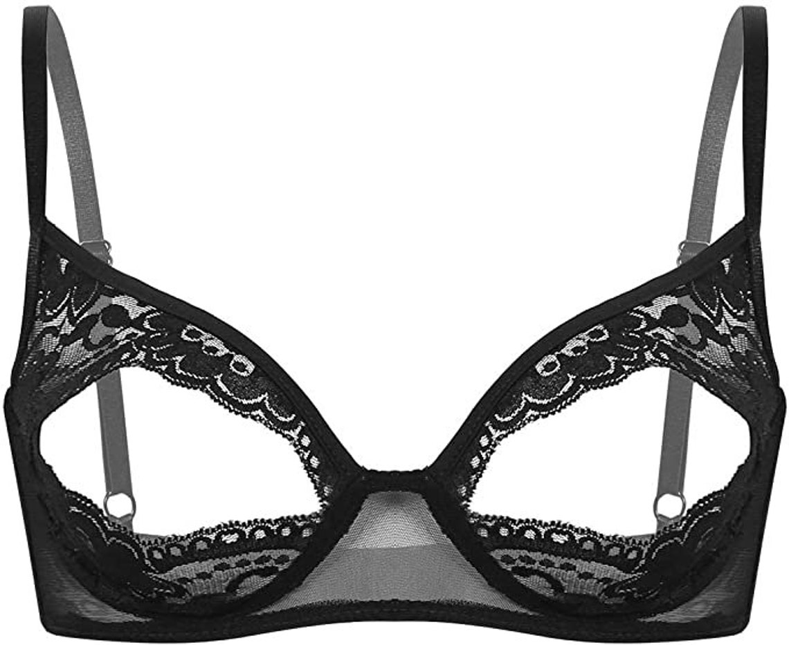 Open Cup Bra Womens Sheer Meh Floral Lace Nipple Split  Etsy