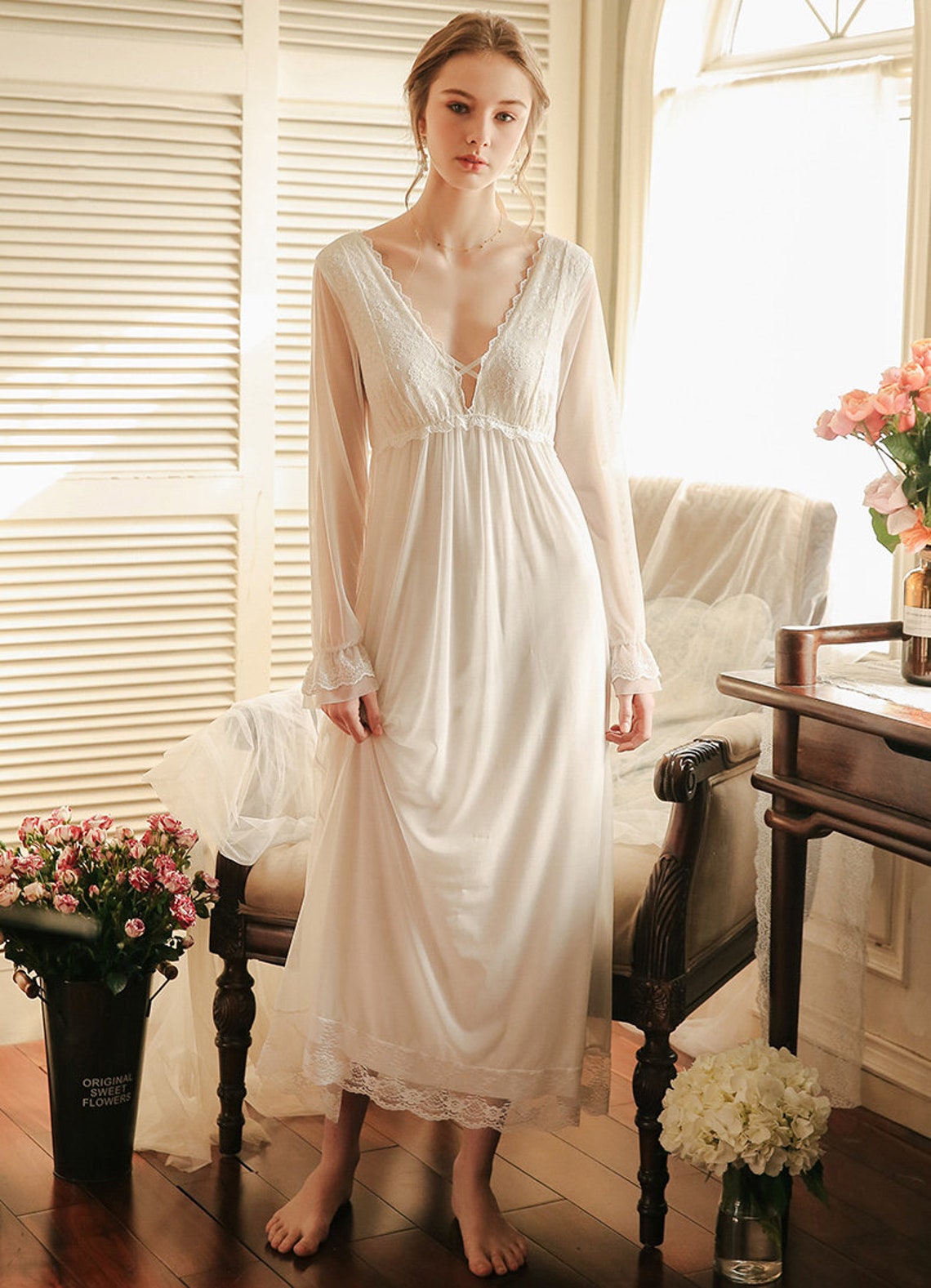 Cotton nightgown Handmade Victorian nightgown Seethrough Etsy