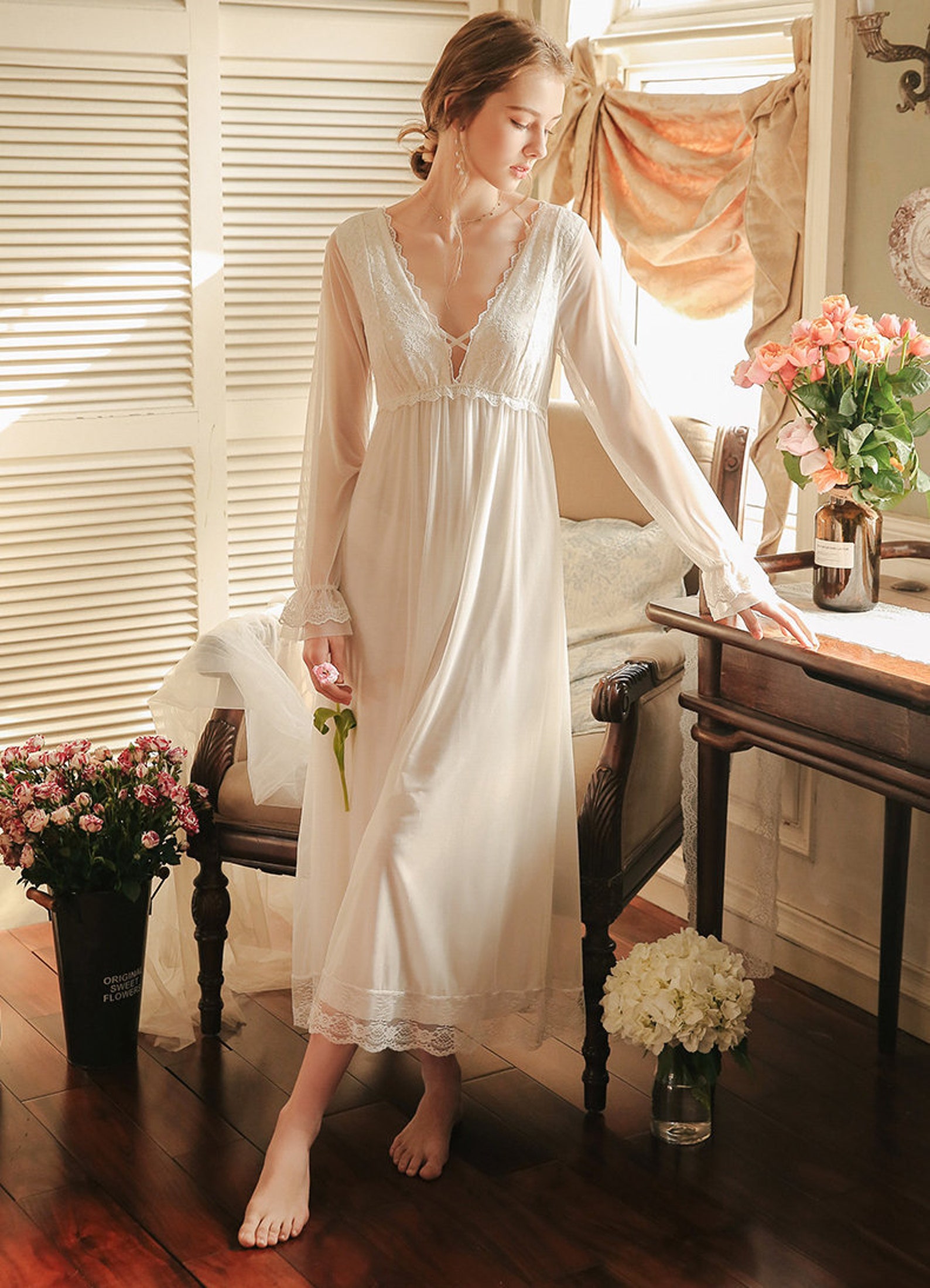 Cotton nightgown Handmade Victorian nightgown Seethrough Etsy
