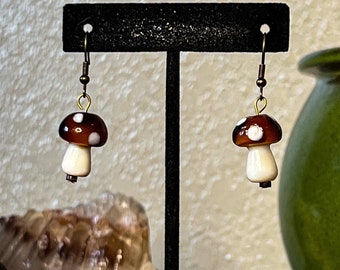 Mushroom Earrings - glass mushroom earrings, glass earrings, funky earrings, witch earrings, glass dangle earrings, unique earrings