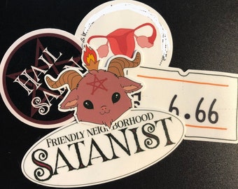 Satanic Panic Sticker Pack, Hail Satan, Baphomet, Pro-choice, Great for hydro flask, laptop, water RESISTANT