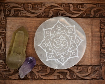 3" Selenite Charging Plate, Healing Selenite Crystal, Lotus Om Charging Plate, Carved Selenite, Tree of Life Charging Plate, Spiritual Witch