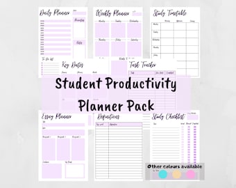 Productivity Planner for Students | Revision and Study Digital Journal | Organisation and Tracker Printable - Lilac