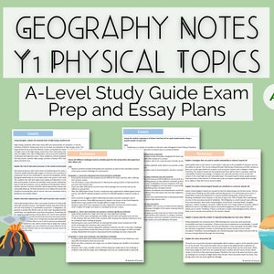 May include: A-Level geography study guide titled "GEOGRAPHY NOTES Y1 PHYSICAL TOPICS". The guide covers coasts and tectonics, featuring a volcano illustration and coastal scene. The text includes "A-Level Study Guide Exam Prep and Essay Plans".