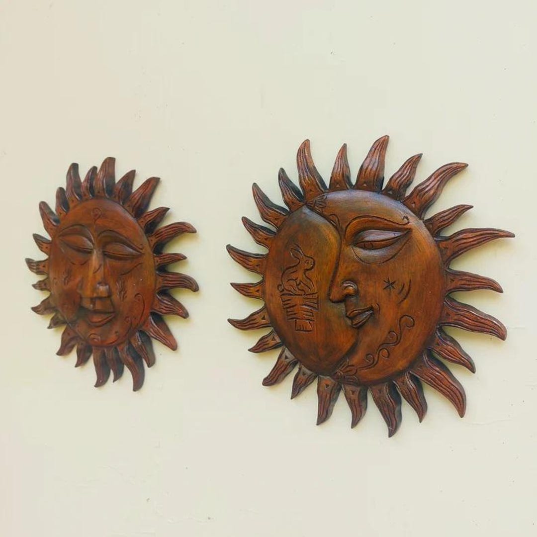 Set of 2 Sun and Moon Wood Wall Art | Carved Wooden Face Art Decor ...