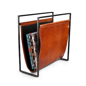 Tan Leather Magazine Holder, Newspaper Document Metal Rack Holder, Vintage style Home Decor & Office Accessories