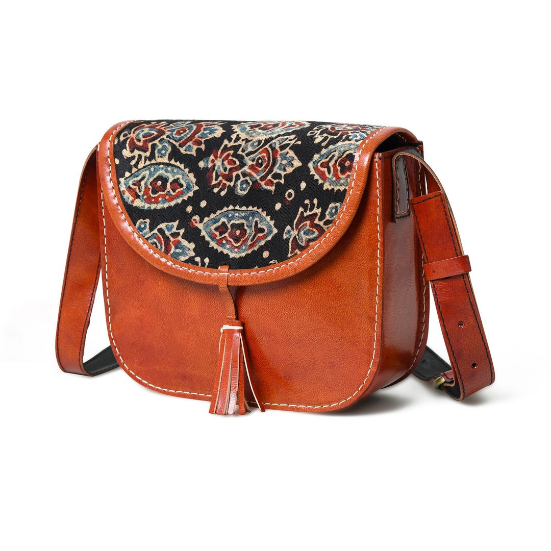 Unique Ajrakh Leather Shoulder Bag: Ethnic Elegance for Every