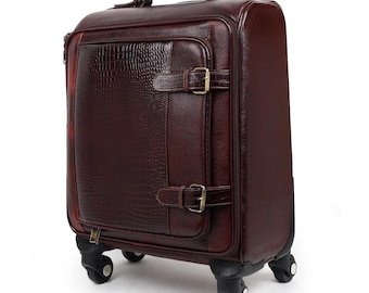 Walizka na kółkach Horizon Leather Trolley, brązowy bagaż podręczny ze skóry, skórzana torba podróżna na 4 kółkach, ręcznie robiona walizka na kółkach