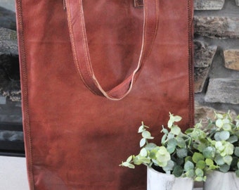 Brązowa skórzana torba typu tote: damska torba typu tote w stylu vintage