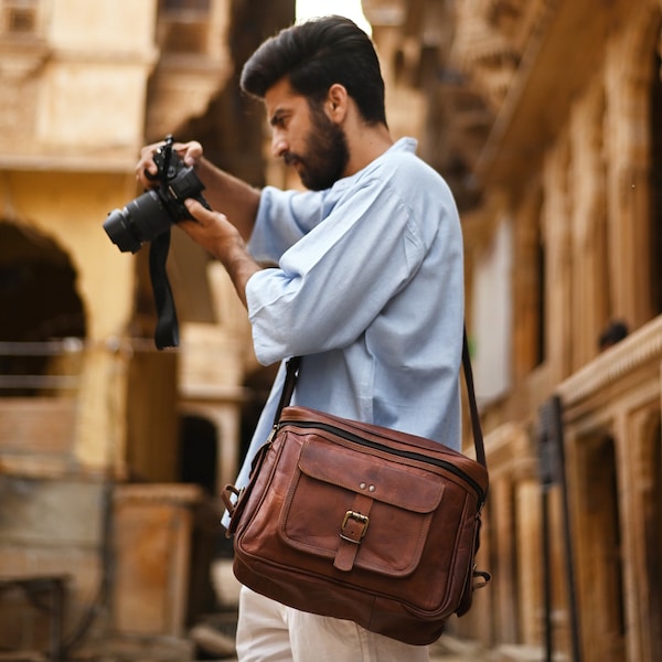 Sac d'appareil photo en cuir pour les photographes, sac d'appareil photo DSLR vintage, cadeau pour les photographes