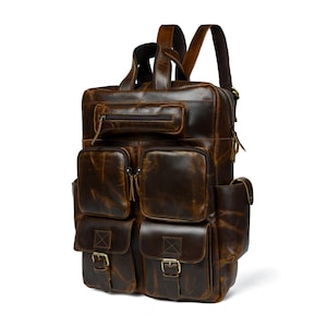 Büffelleder Rucksack im Vintage-Stil - Multifunktionaler Rucksack mit 7 Taschen - Ideal für Reisen, Arbeit und Schule
