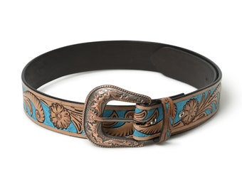 Leather Belt Men Blue & Brown High Quality Western Cowboy Leather Belt  / Hand Tooled Belt/ Leather Belts for men / Gift for men