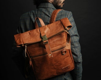 Personalized Leather Backpack, Leather Rucksack, School College Laptop Backpack, Leather Travel Rolltop Backpack.