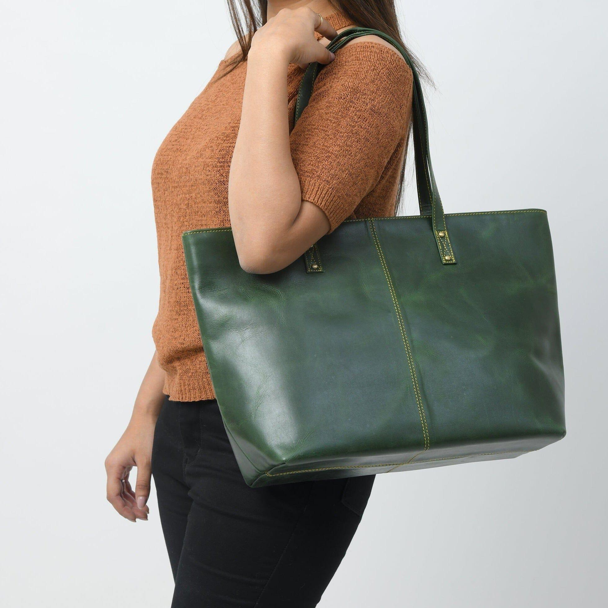 Green Buffalo Leather Tote Bag: Women's Monogram Work Bag UK