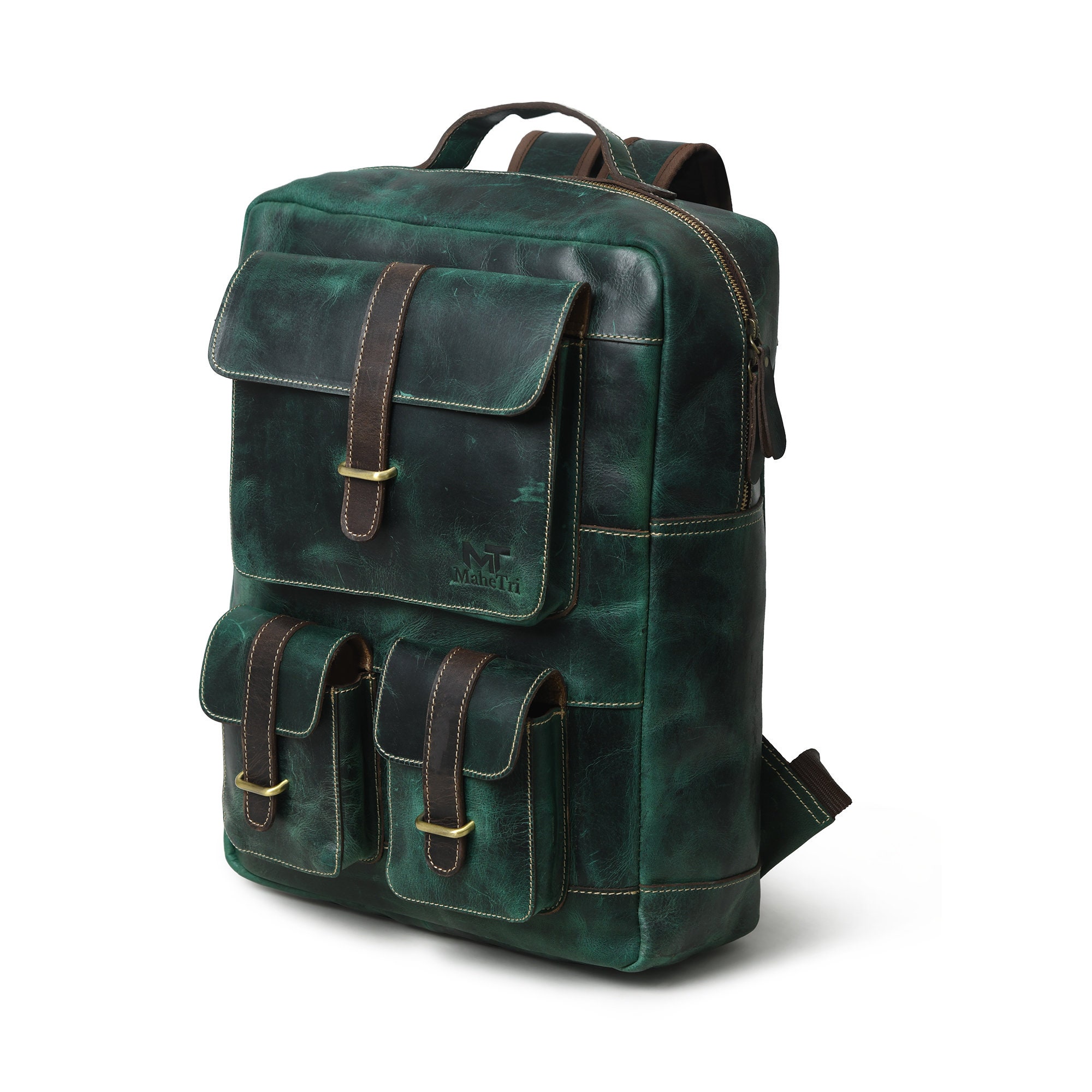 Handmade Green Buffalo Leather Office Backpack: Handcrafted Leather 16 Inch