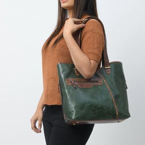 Green Leather Tote Bag for Women Leather Bag Leather Purse Handbag Monogram Tote with Zipper Mother&#39;s Day Gifts