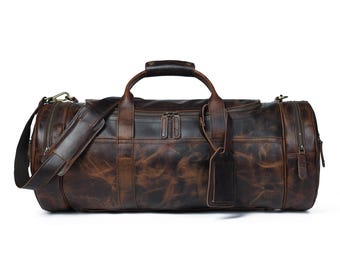 Borsa da viaggio in pelle da uomo, grande, per palestra, weekend, pernottamento, borsa a mano, nera, 24 pollici