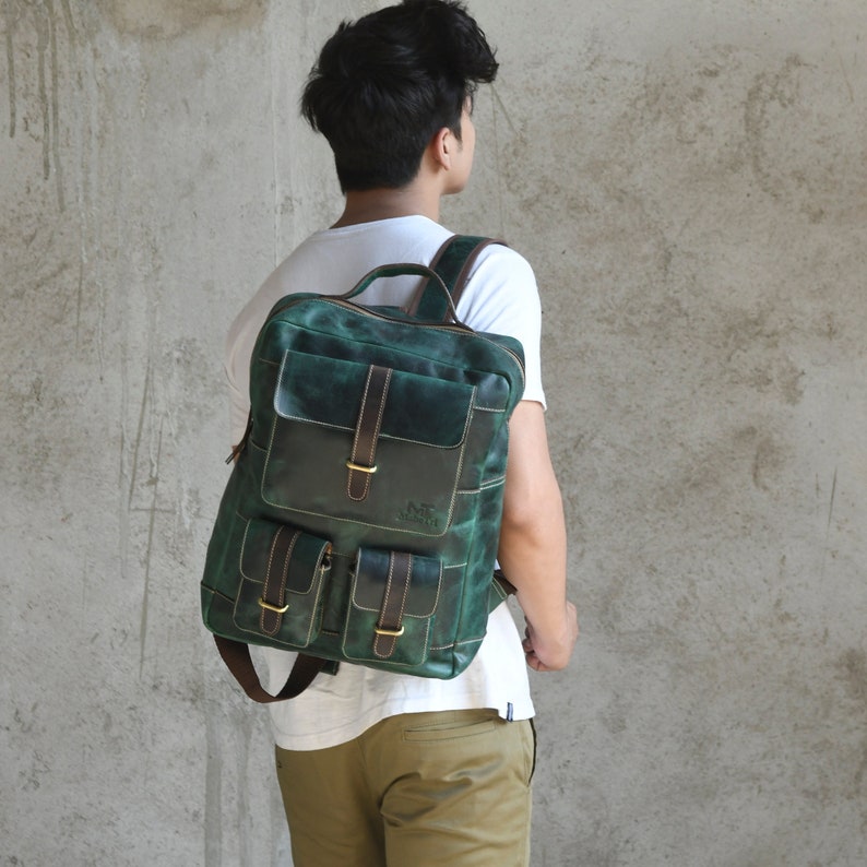 Green Full Grain 16 Inch Leather Backpack, Luxury Handcrafted Leather Backpack, Office Travel Leather Backpack image 3