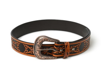 Ceinture en cuir de cowboy western repoussé à la main : boucle gravée